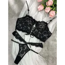 Bra Brief Sets Female Transparent Sexy Romantic Lingerie Black Lace Underwear Flowers Sensual See Through Erotic Sets