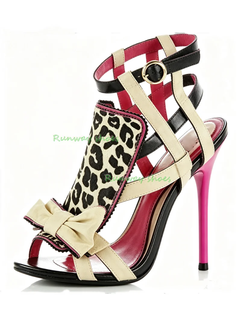 Leopard Print Splicing Open Toes Stilettos Women's Sandals Bow Buckle Color Blocking Rose Red Heels Sexy Luxury Women's Shoes