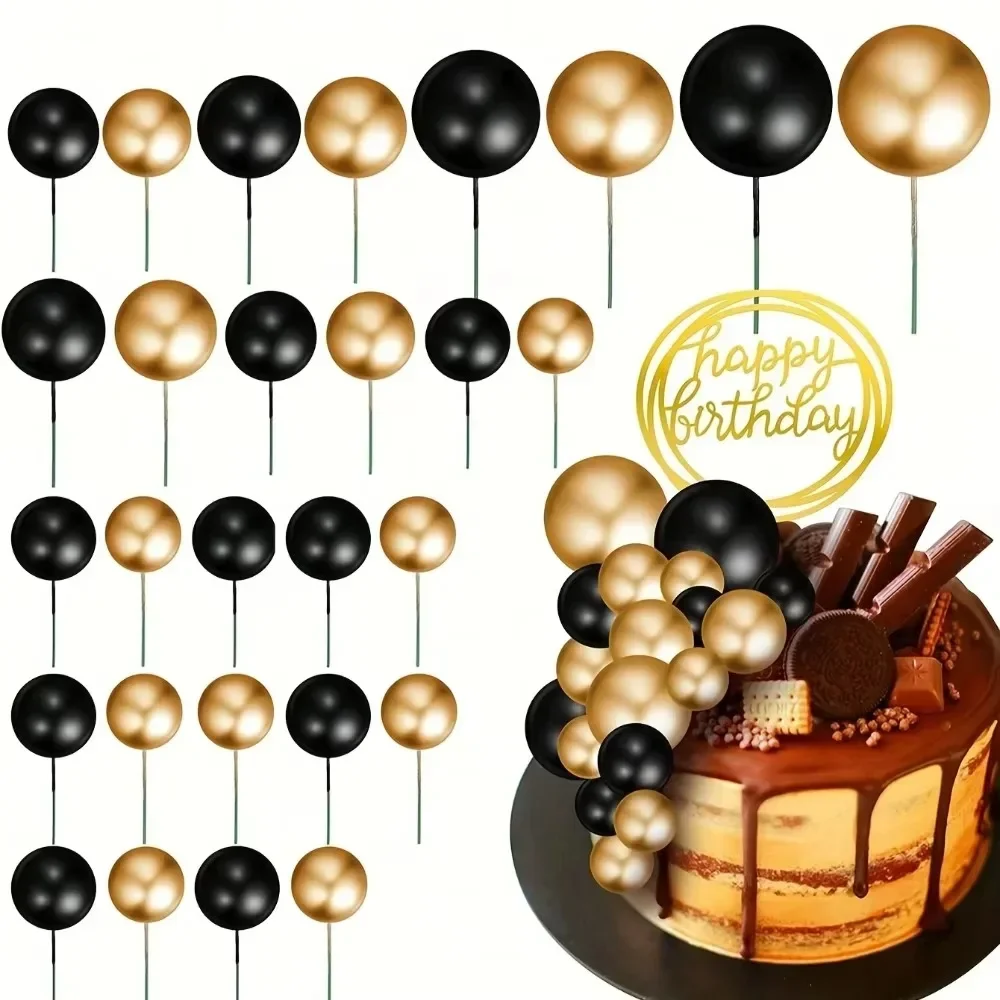 40pcs Cake Topper Black Gold Balls Decoration DIY Insert Topper Foam Cake Balls Baking Decor Black Theme Wedding Birthday Party