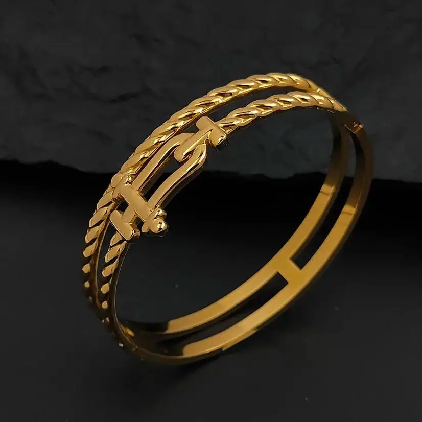

Gold Double Layer Twist Hinged Bangle for Women, Stainless Steel Luxury Minimalist Jewelry Gift for Daily Party Wear