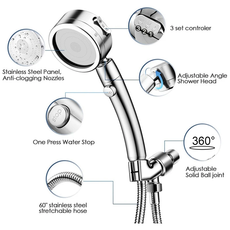 Maroktelefon zuhany fejét vel ON/OFF Szünet Lovaglópálca & 3 szp beállítás Magas légnyomású levegő Sürgetés Zuhanyozó vel Újabb növekedés stv Kerti tömlő
