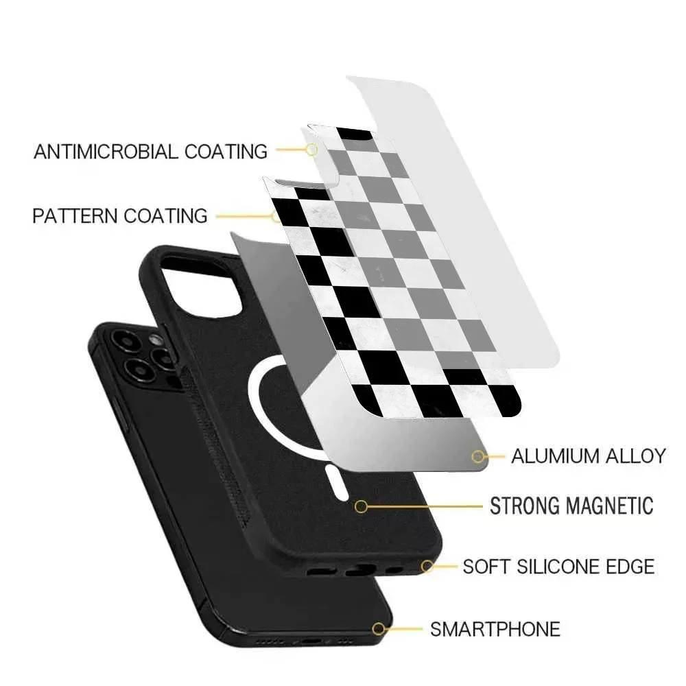 Nero bianco Checkerboar Case Strong Magnetic IPhone 15 14 13 Pro Max 11 12 Mini Alex Mirror Magsafe Wireless Charging Cover