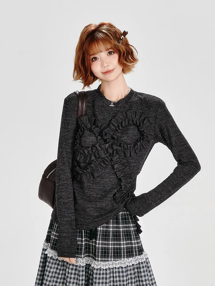 Women's Black Gothic Emo Y2k T-shirt Gyaru Tee Top 2000s Vintage Aesthetic Long Sleeve Oversize O-Neck T-shirts Clothes Spring