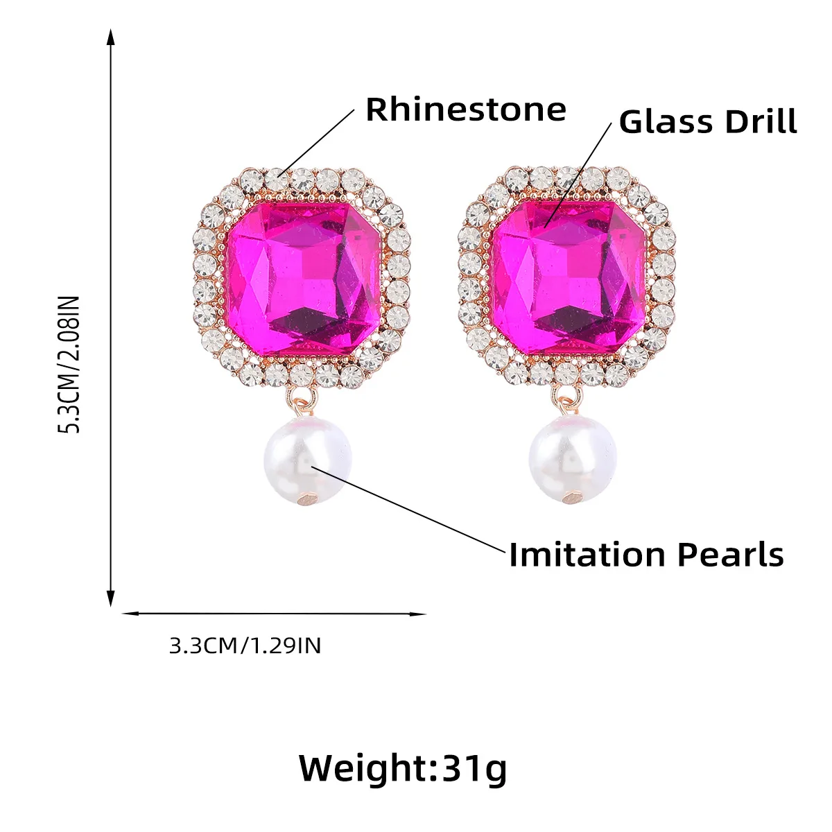 Fashion Korean White Pearl Drop Earrings for Women Shiny Fuchsia Crystal Exquisite Wedding Earrings