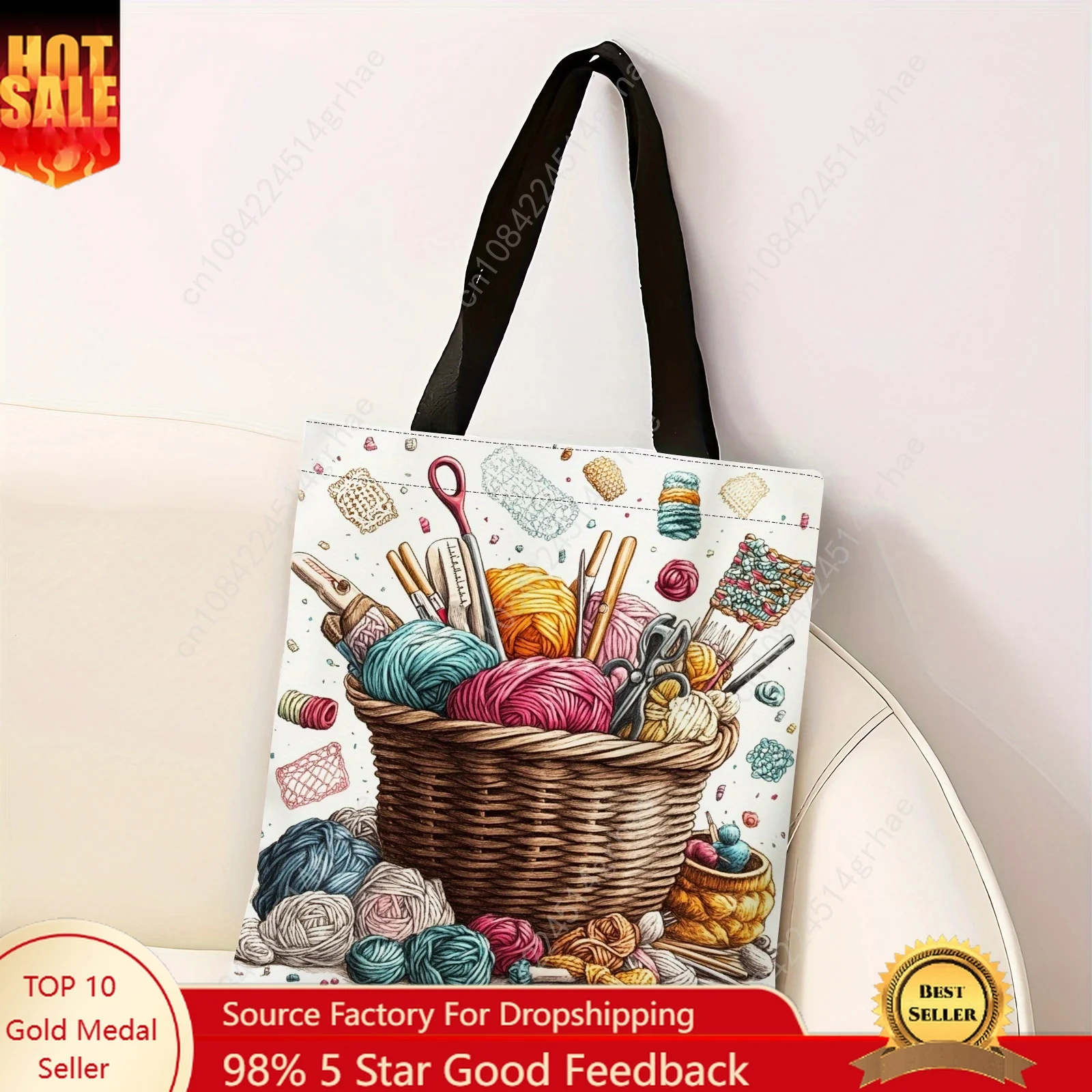 Women's Knitting Crochet Craft Tote Bag 2D Print Design with Yarn Balls, Needles & Tools Durable Polyester Casual Shoulder Bag