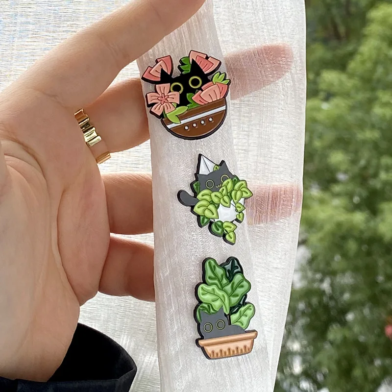 Cats in Plants Enamel Pins Custom Black Cat Potted Plant Brooches Lapel Badges Fun Animal Plant Jewelry Gift for Kids Friends