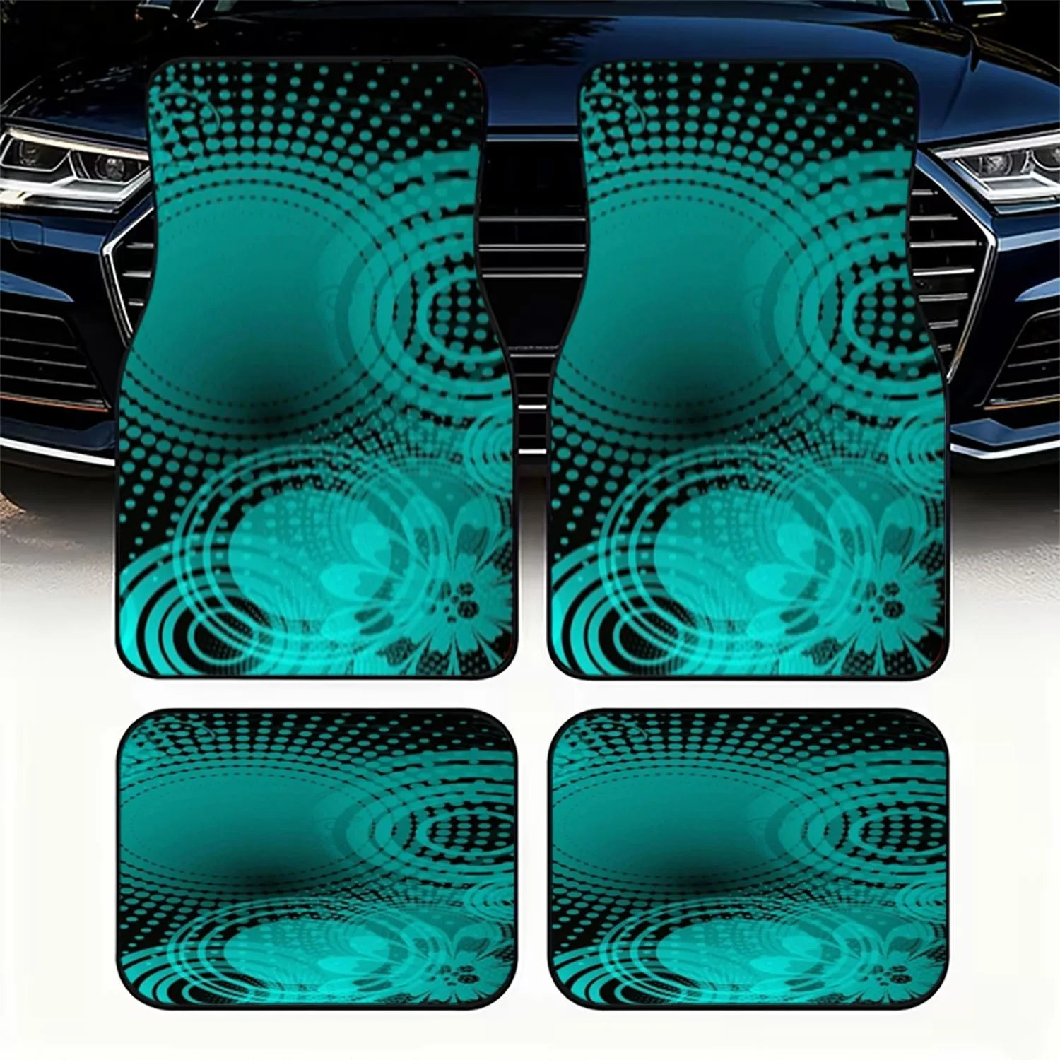 4pcs Car Floor Mats, Teal Black Abstract Pattern, Modern Decorative Style, Material, Dynamic Swirling Design, For Car Interior U