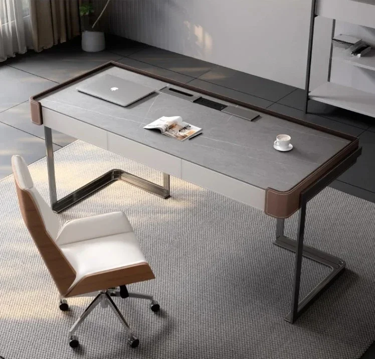 Light Luxury Minimalist Designer Modern Saddle Leather Stone Plate Desk Bedroom Office Desk