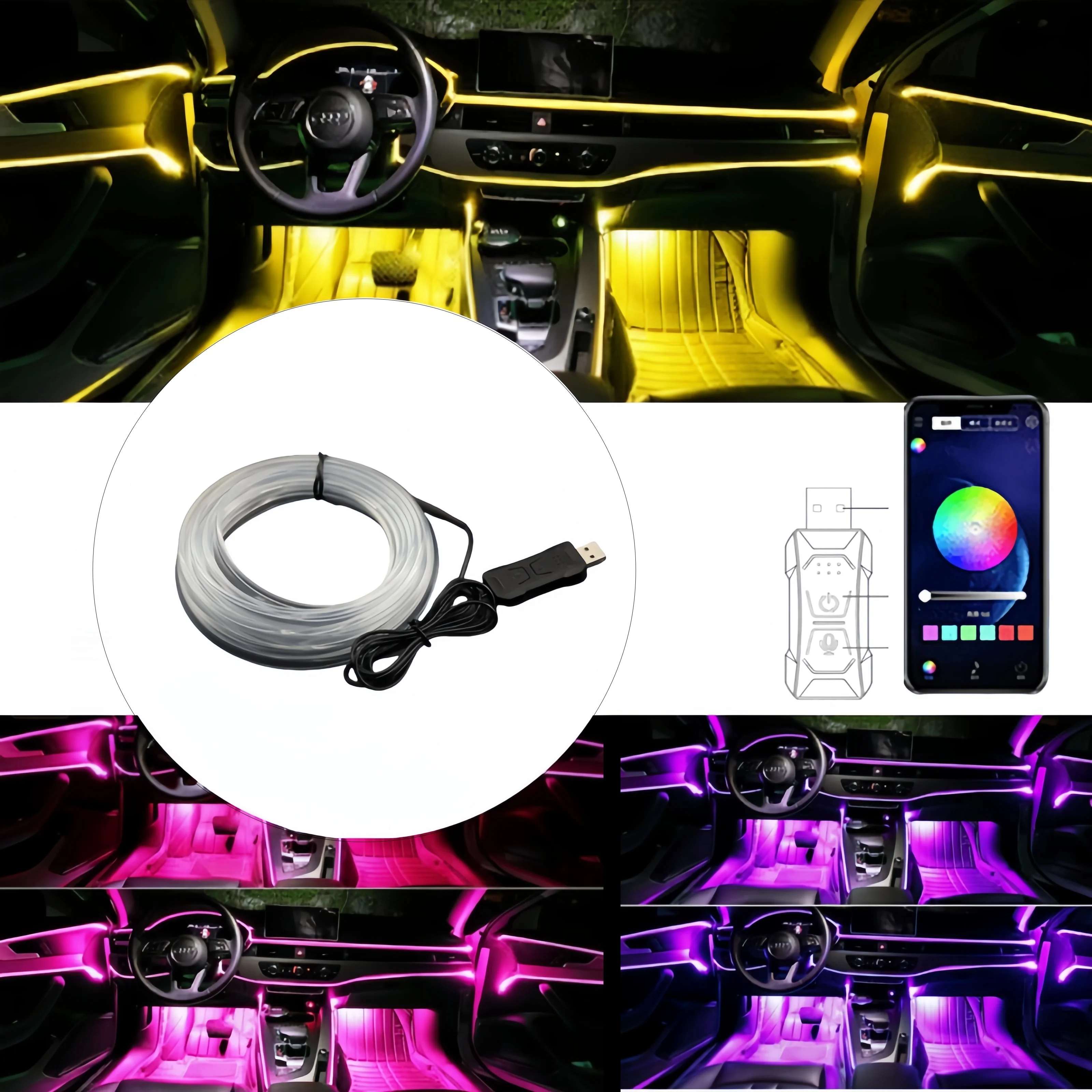 RGB Car Interior Atmosphere Light Strip 5M App Control Ambient LED Light USB Fiber Optic Lamp Decor for Auto DIY Universal Fit