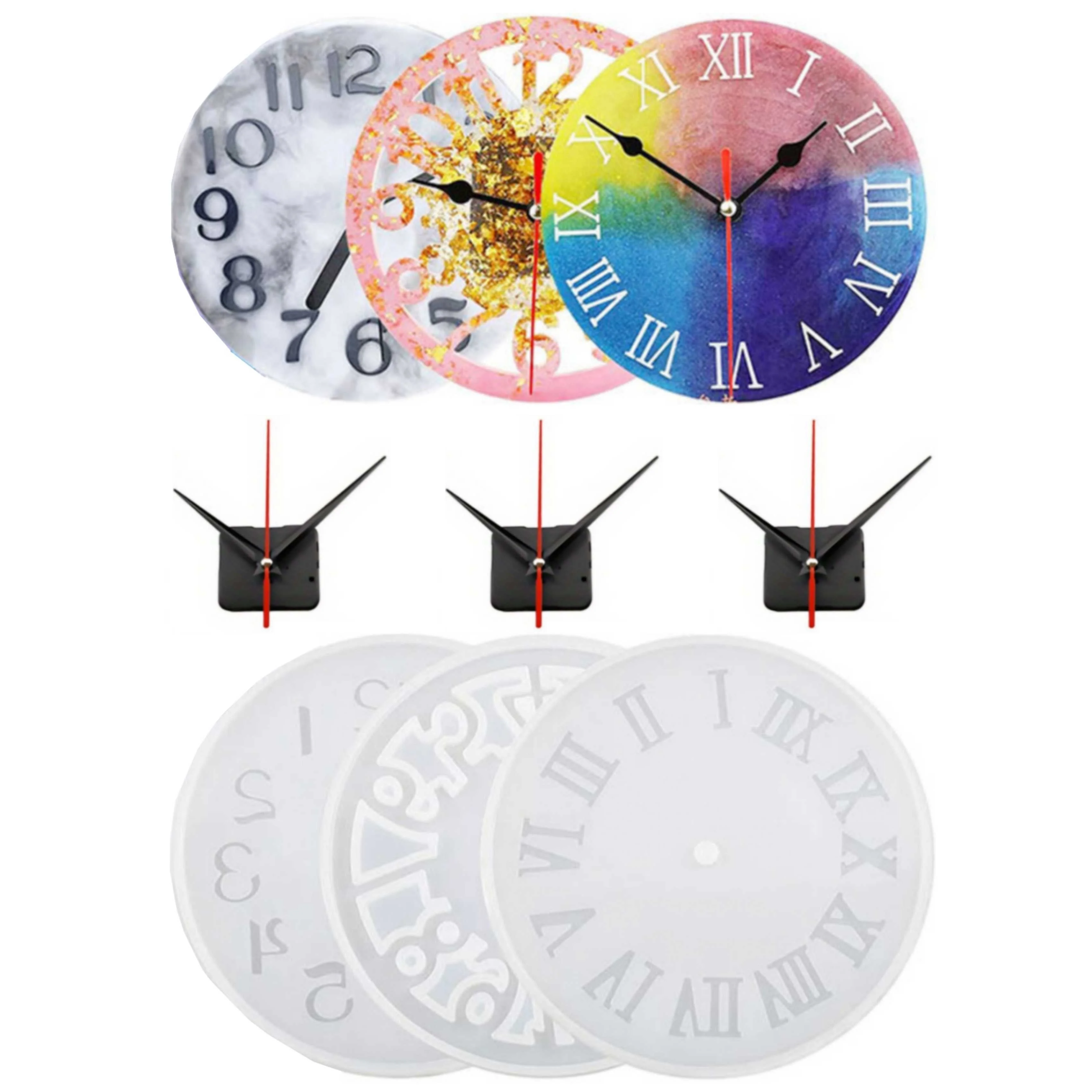 6Pcs (3Pcs Clock Molds + 3Pcs Pointer Set) Clock Resin Molds, Large Roman Numerals/Arabic Numerals/Silicone Molds Resin Clock Mo