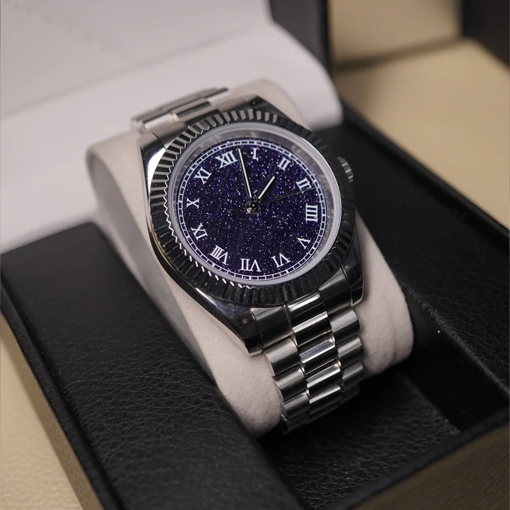 41mm Luxury Men Automatic Watch Miyota 8215 Blue Sandstone Starry Dial Roman Numeral Fluted Bezel Mechanical Wristwatch