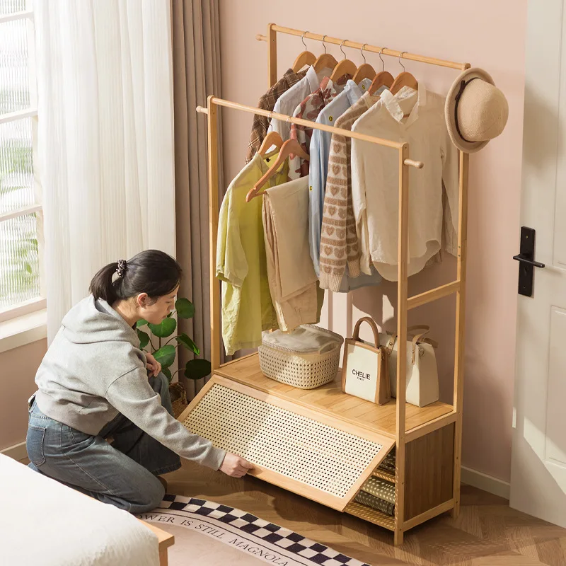 Large bamboo hat rack and shoe rack integrated, floor standing hanger, vintage style clothing storage cabinet, jacket rack