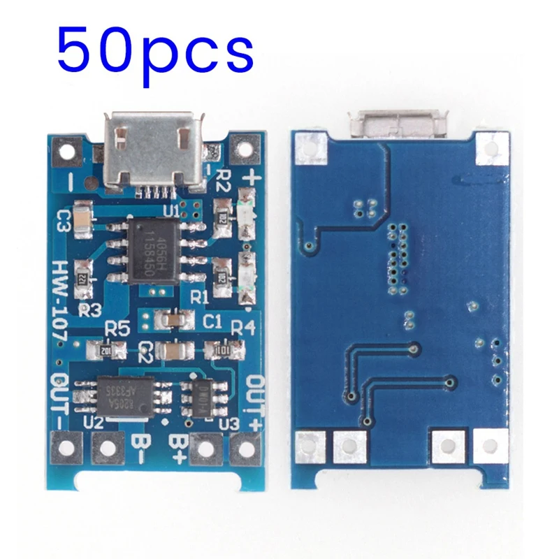 마이크로 USB 18650 리튬 배터리 충전 보드, TP4056, 5V 1A 충전기 모듈, 블루 PCB, 50 개