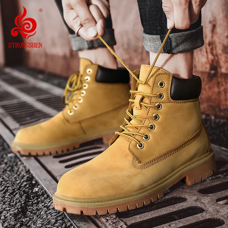 STRONGSHEN Leather Men Boots Winter Fashion Classic Ankle Yellow Designer Tactical Boots Outdoor High Quality Work Shoes Sneaker