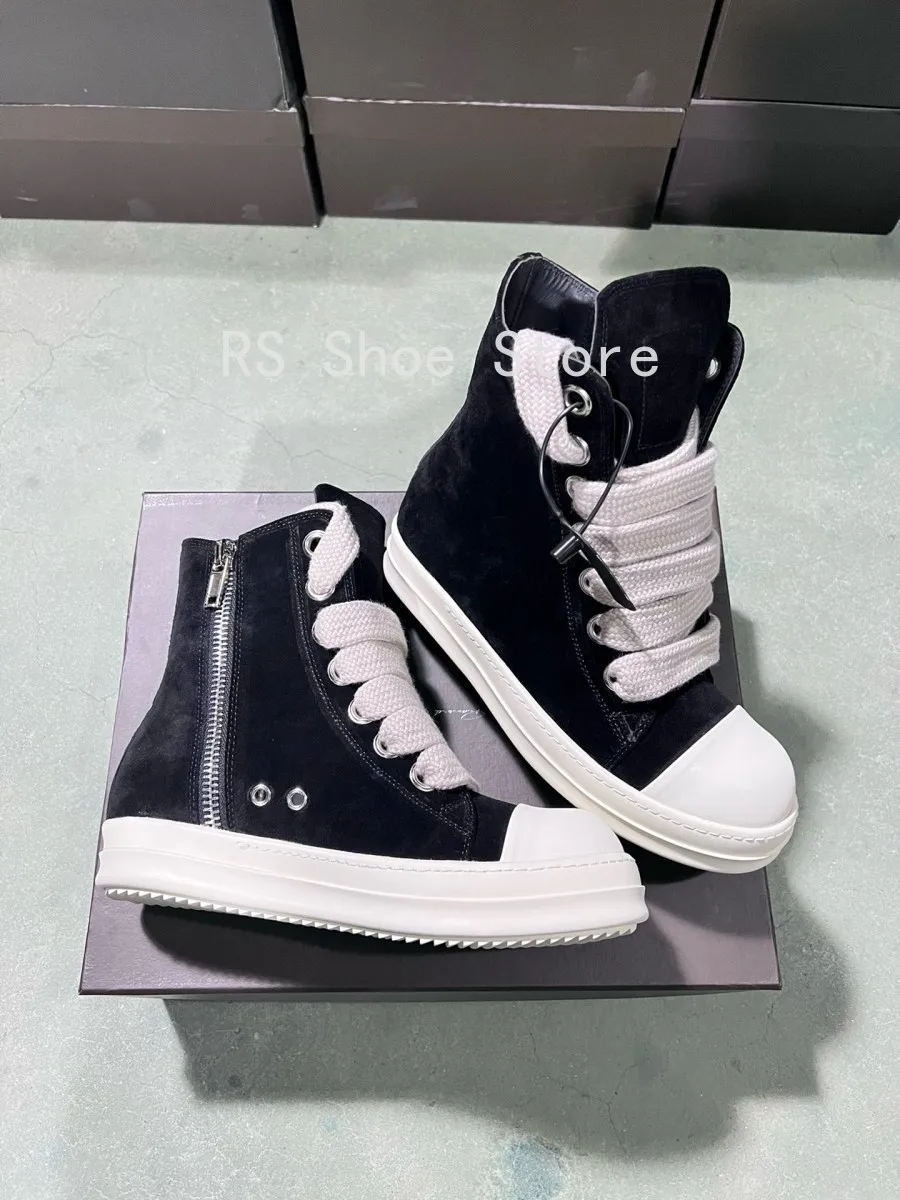 

Ro Men Shoe Black Suede Boots Outdoor High Top Casual Shoes Classic Women Sneaker Jumbo Laces Zipper Cowhide Ankle Boot