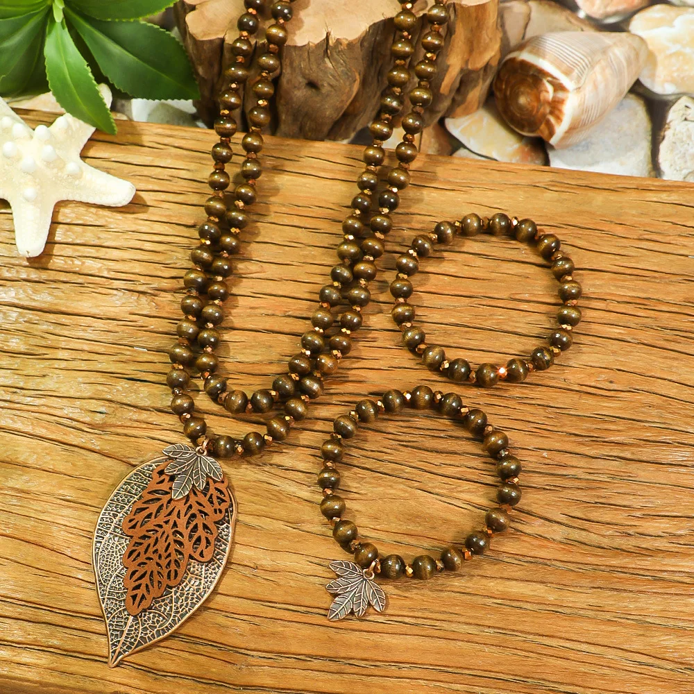 Retro Leaf Pendant Long Necklace Bracelet Set Boho Ethnic Metal Hollow Leaves Wooden Bead Necklaces Jewelry for Women Gifts