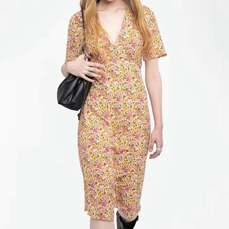 

Women's skirt 2025 summer high-end comfortable breathable V-neck short sleeved yellow floral short sleeved dress