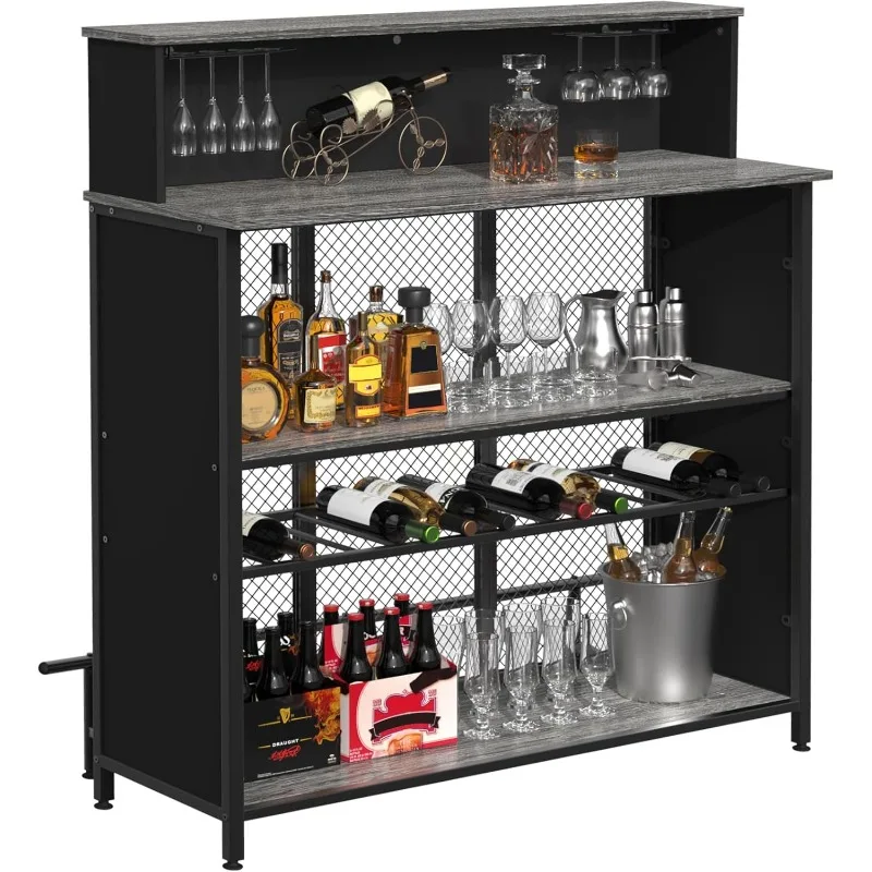 home.Home Bar Unit Mini Bar Liquor Bar Table with Storage and Footrest for Home Kitchen Pub (Grey)