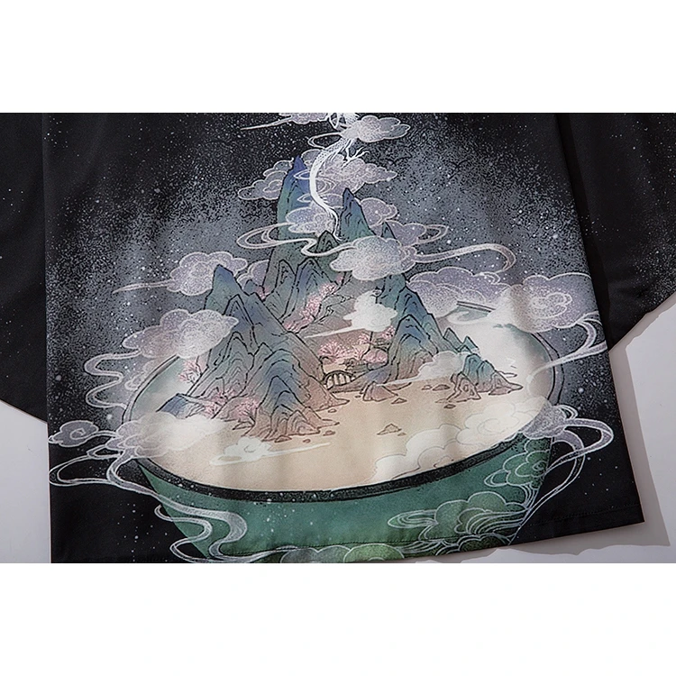 التنين الصيني الأسود ارتفاع الشمس فضفاض موضة Harajuku اليابان كيمونو الخارجي للنساء والرجال ملابس خارجية ملابس الشاطئ