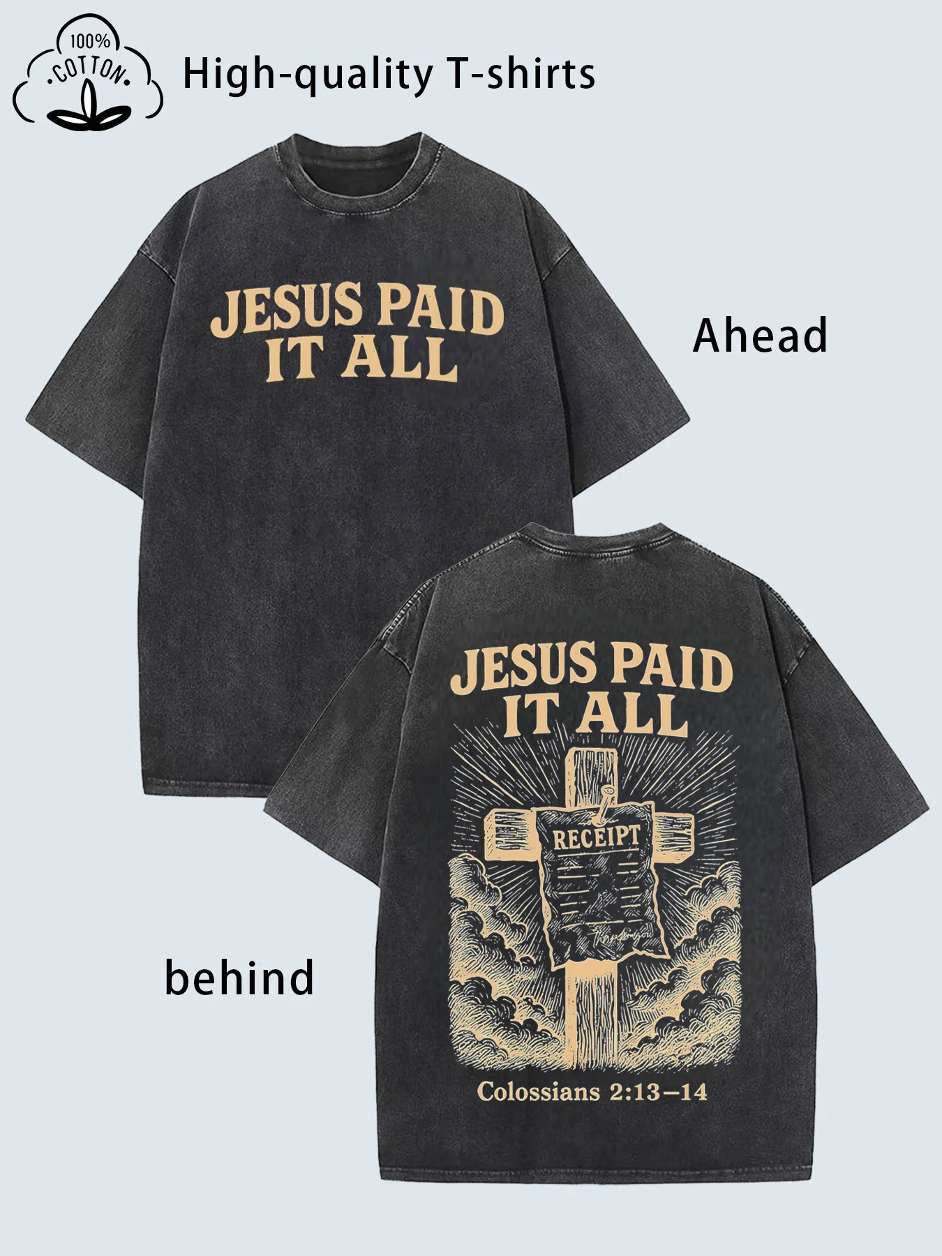 

Retro washed T-shirt double-sided printing with letters and cross pattern of 'Jesus gives for everything'