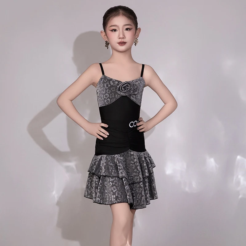 

Latin Dance Performance Clothes Black Silver Latin Slip Dress Girl Latin Training Dancewear Leotard Skirt Rumba Clothing AMY1528