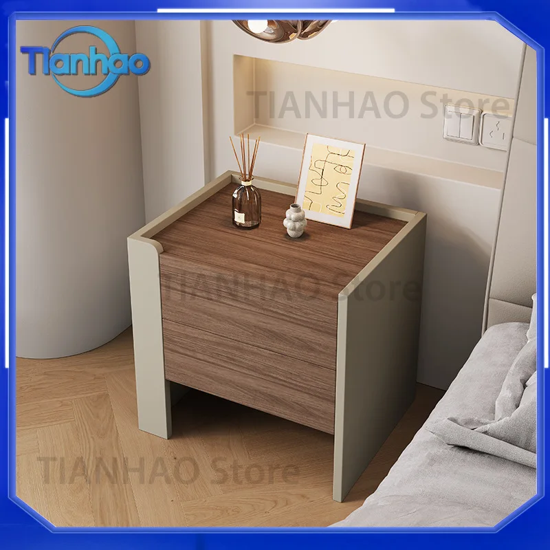 Solid Wood Nightstand for Modern Minimalist Luxury Bedroom Storage Cabinet with Walnut Grain Finish