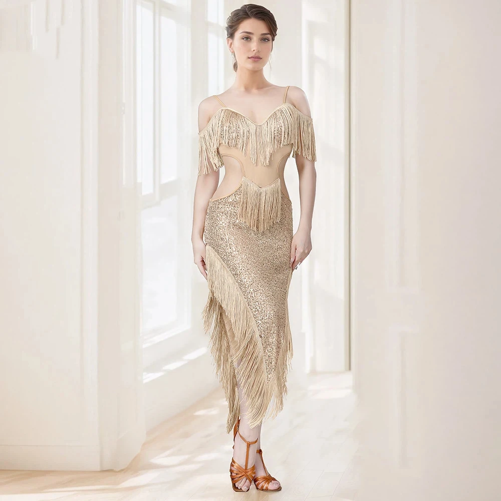 Sequined Tassel Latin Dance Dress Sequined Belly Dance Dress Competition Dress Irregular Latin Dress Stage Performance Skirt