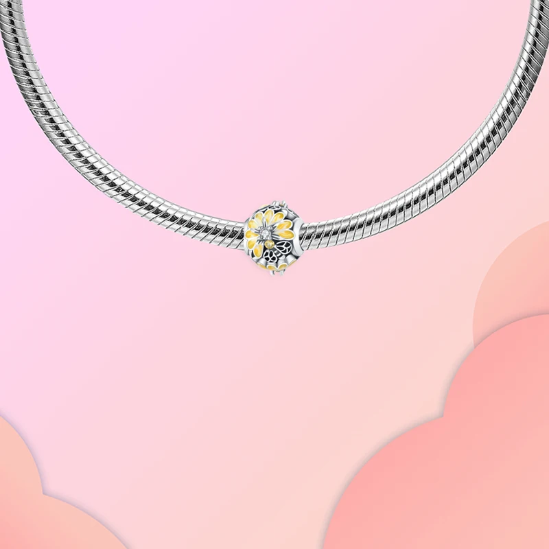 925 Sterling Silver Yellow Bee Flower Pendant Charm Fit  Charms Bracelets Women DIY Jewelry Gift image 3