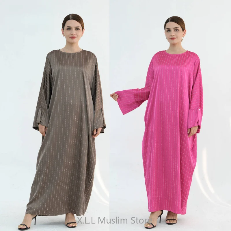 Women's Prayer Garment Closed Abaya Dubai Luxury Spring Party Waist-Controlled Lace-up Striped Dress Elegant Robe Clothing