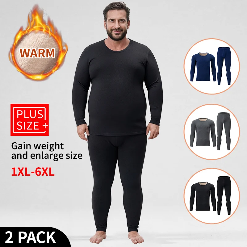 

2piece Men's European And American Plus Fat Solid Color Simple Warm Underwear Set Large Size 1xl-6xl Comfortable Thick And Plush