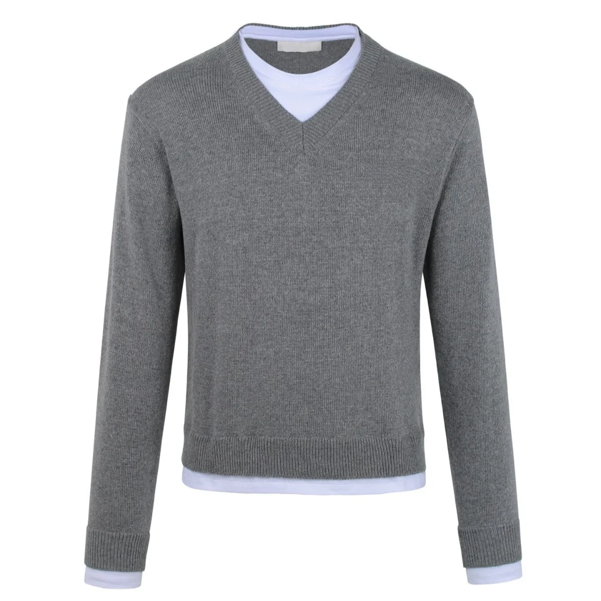 

Mens Sweater Mock Two-Piece V-Neck Wool Sweater, Fashion Casual Knitted Pullover Long Sleeve, Gray for Womens