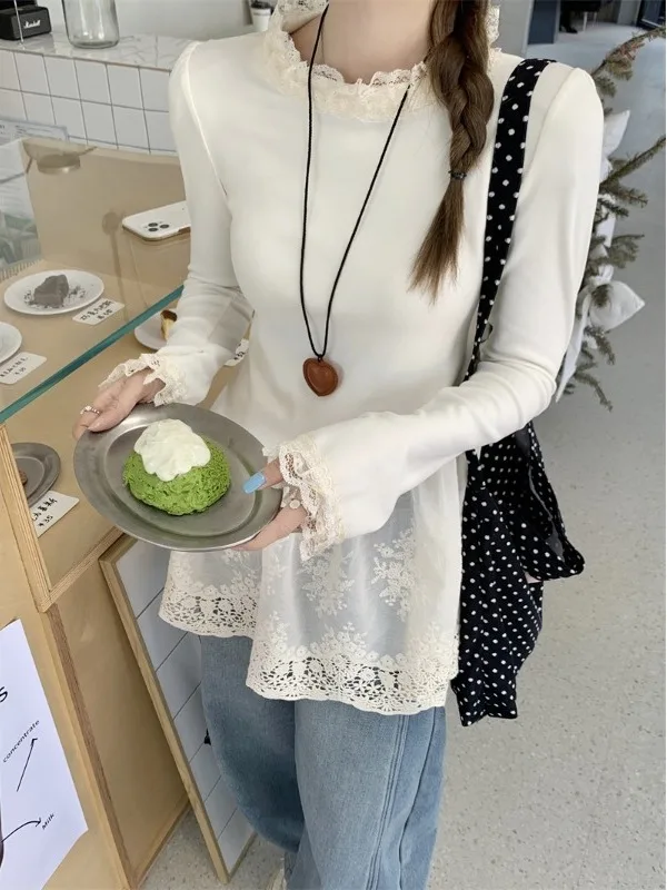 

plus Size Women's Long Sleeve T-Shirt Lace Patchwork Waist Cinching Slimming Design Base Layer Top Korean Style Autumn Winter