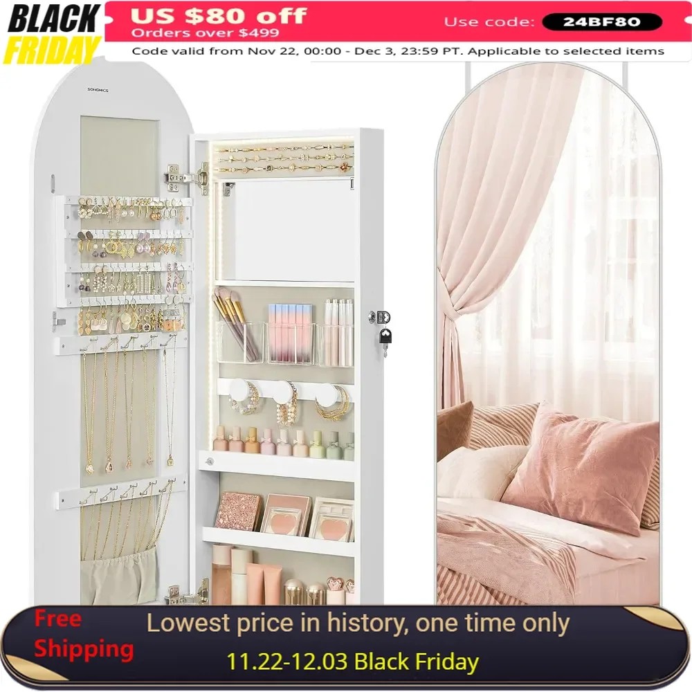 Wide Jewelry Organizer,LED Jewelry Cabinet Wall/Door Mounted, Arched Mirror with Storage,Lockable,Rounded Corner,Interior Mirror