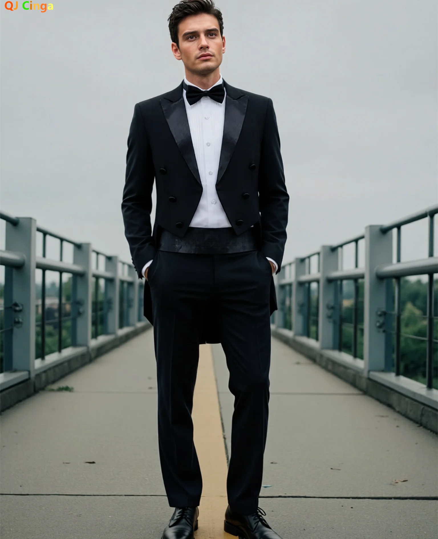 Men's Black Tuxedo Tailcoat Formal Dress Suits, A Wedding Party Jacket Paired with Matching Pants.