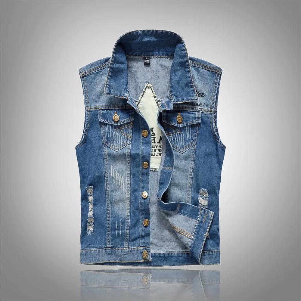 

New Fashion Men Light Blue Ripped Denim Vests Jackets Trendy Motorcycle Sleeveless Coats Male Streetwear Slim Jeans Waistcoats 6