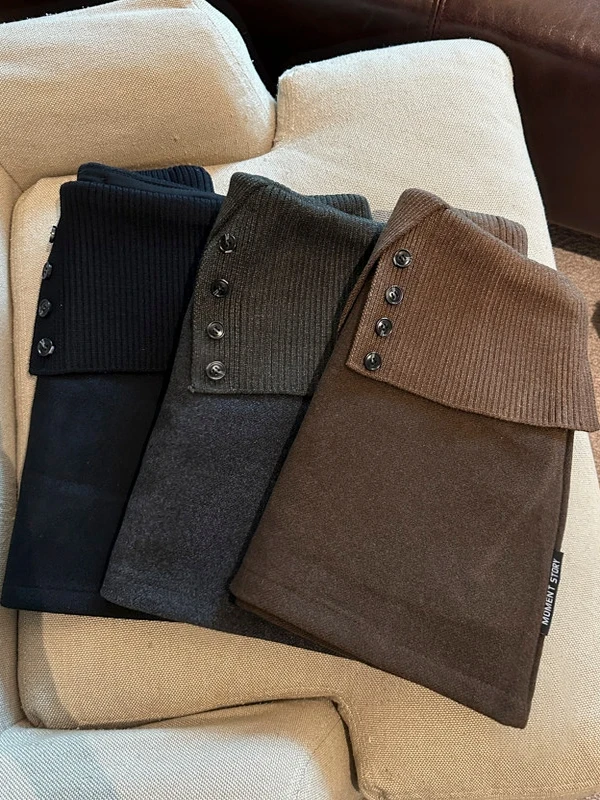 

High Waist Fake Two-Piece Woolen Skirt for Women Button Splicing Slimming Design Commute Sle Korean Version ort Skirt