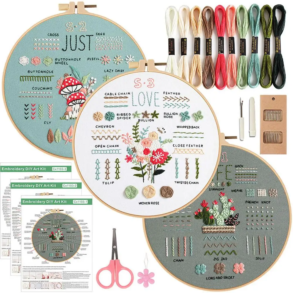 3 Sets Embroidery Kit Hand Embroidery Practicing Kit With 34 Basic Embroidery Stitch Simple Patterns Embroidery For Beginners