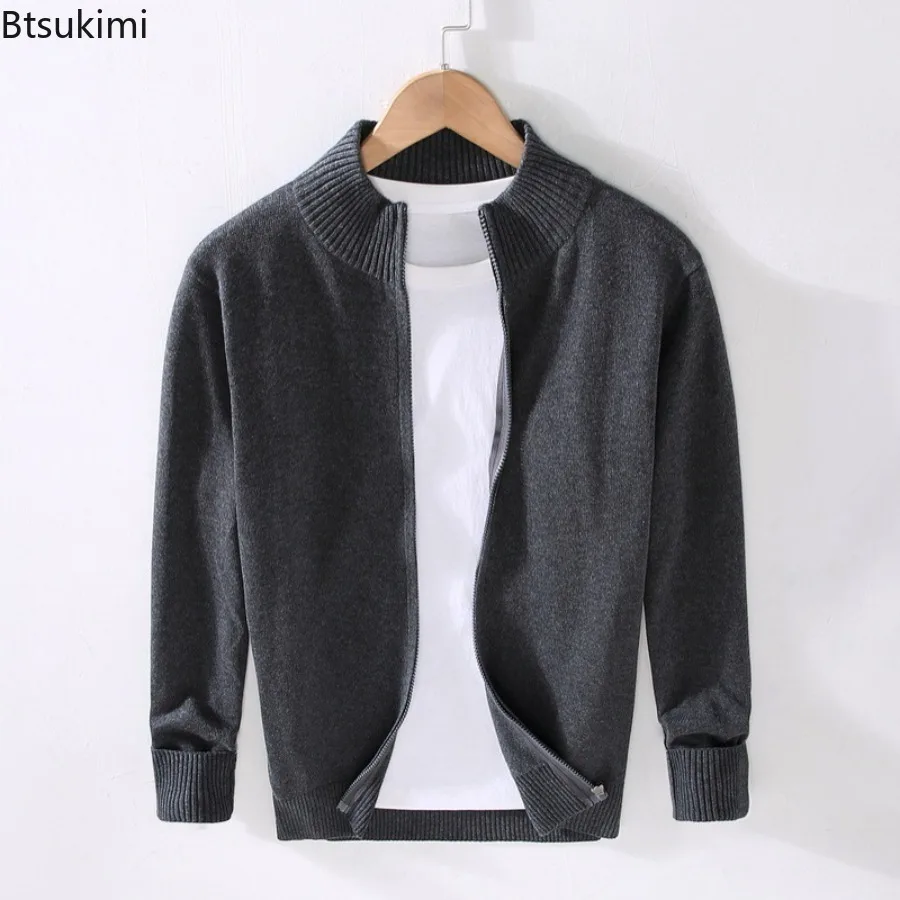 2025 Spring Autumn Men's Pure Cotton Cardigan Fashionable Solid Color Zipper-up Sweater Casual Business Slimming Knitted Tops