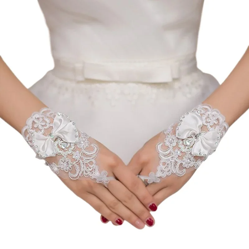 

Top Sale 1 Pair Wedding Gloves Fingerless Inlaid Rhinestone Bowknot Bridal Lace Gloves 13.5CM