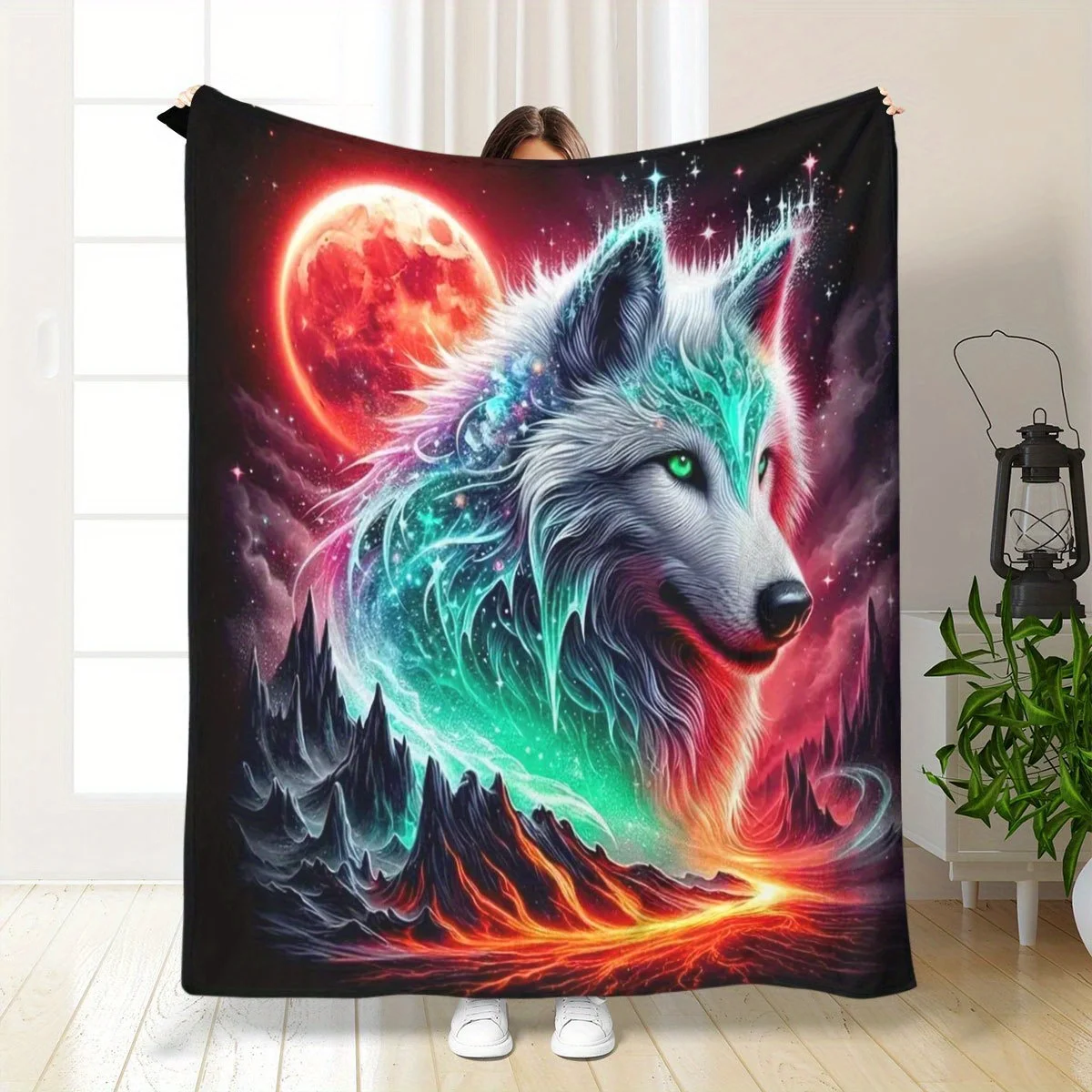 Black Cosmic Backdrop Glowing Colorful Wolf Volcano Peak Red Planet Fantasy Animal Full Print Fluffy Blanket Couch Cover Gift