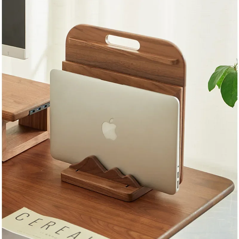 Japanese Desktop Notebook Holder Black Walnut IPad Stand With Dual Slot Adjustable Laptop Rack Versatile Practical Wooden Tray