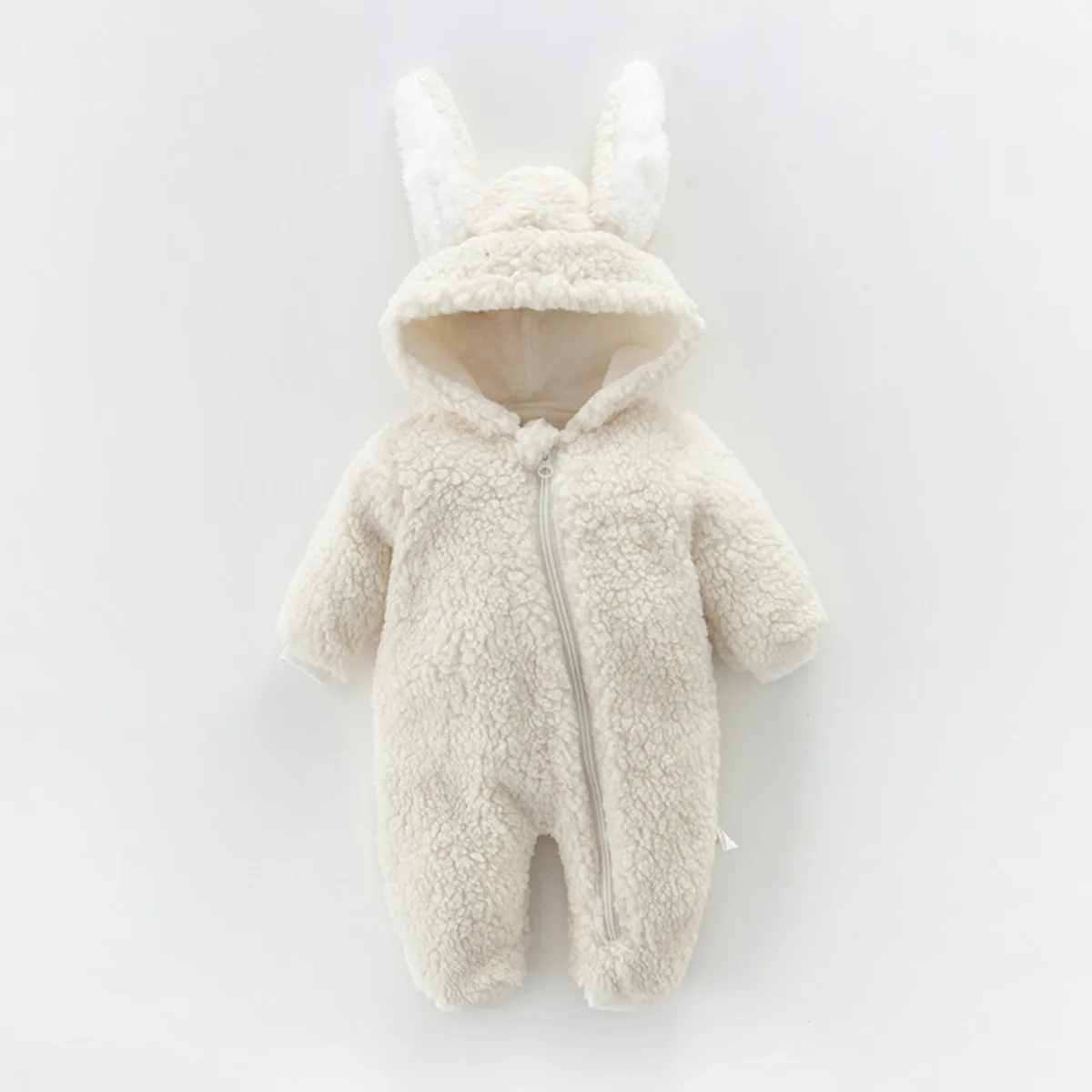 Baby Winter Sherpa Fleece Romper with Bunny Ear Hood Thick Warm Zip-Up Jumpsuit for Newborn Infants Ribbed Cuffs Unisex 0-12M