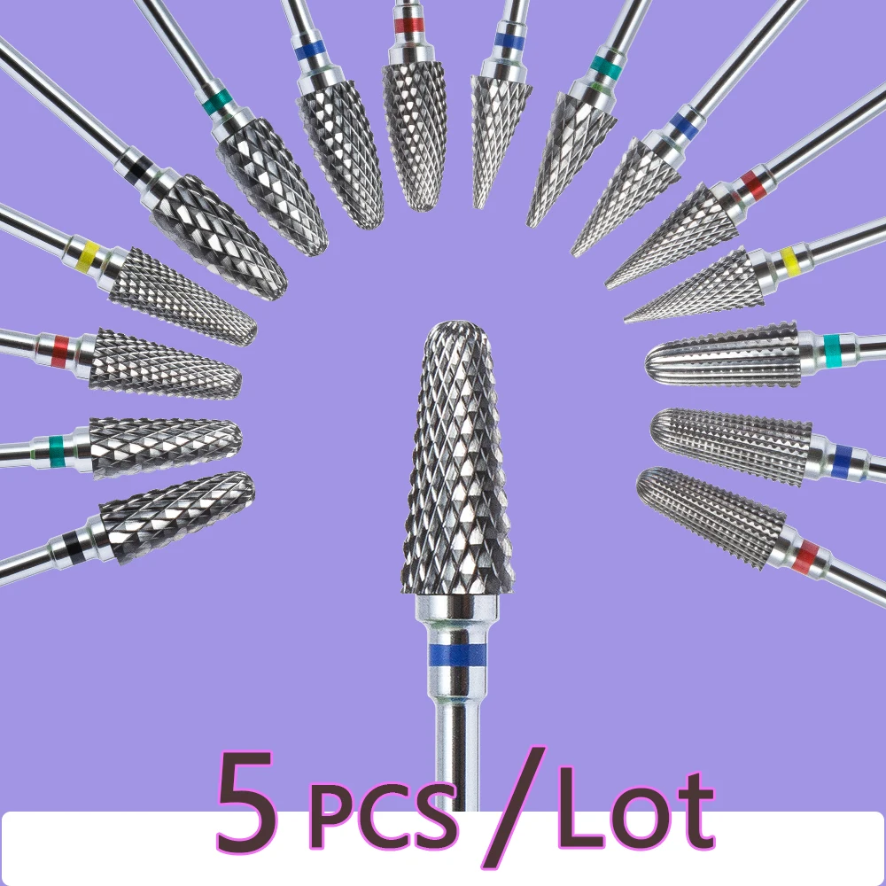 5PCS Tungsten Carbide Nail Drill Bits Gel Polish Remover 3/32 Inch Nail Art Files Cuticle Milling Cutter For Manicure Pedicure