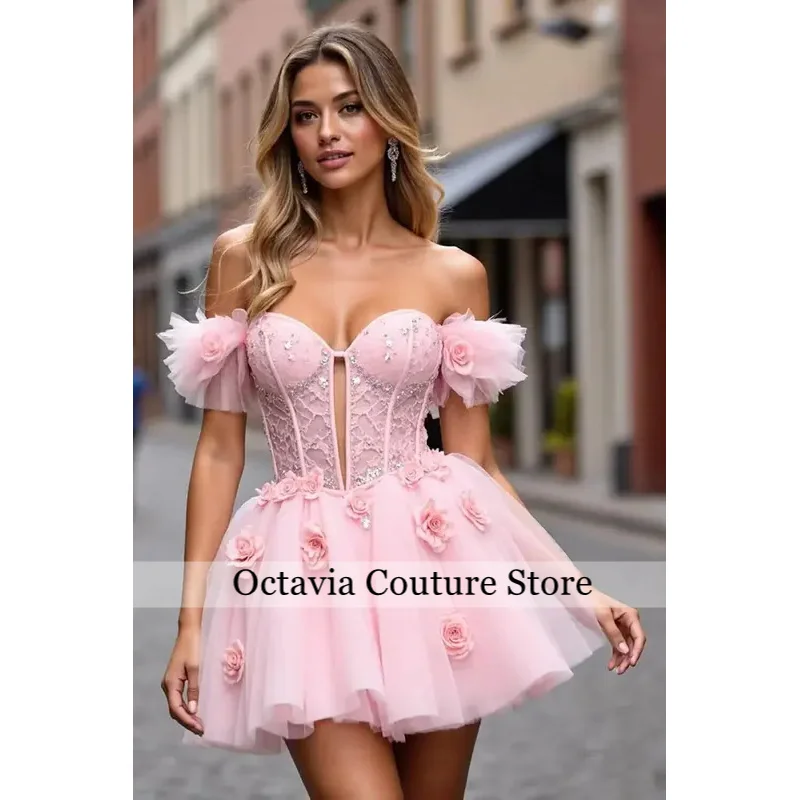 

3D Flowers Off Shoulder Short Homecoming Dresses for Teens A Line Tulle Mini Prom Ball Gowns for Women Customized