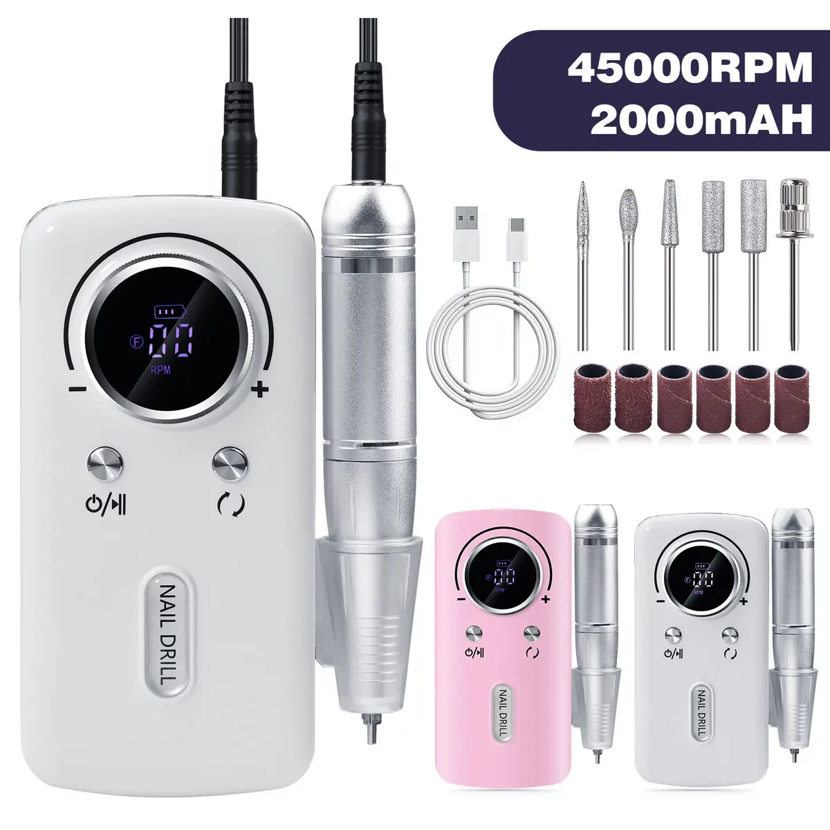 45000rpmの電動ネイルドリルマシン。ジェルネイルやマニキュアに最適なプロ仕様のネイルドリル。充電式で持ち運び可能。ネイルケア用具。