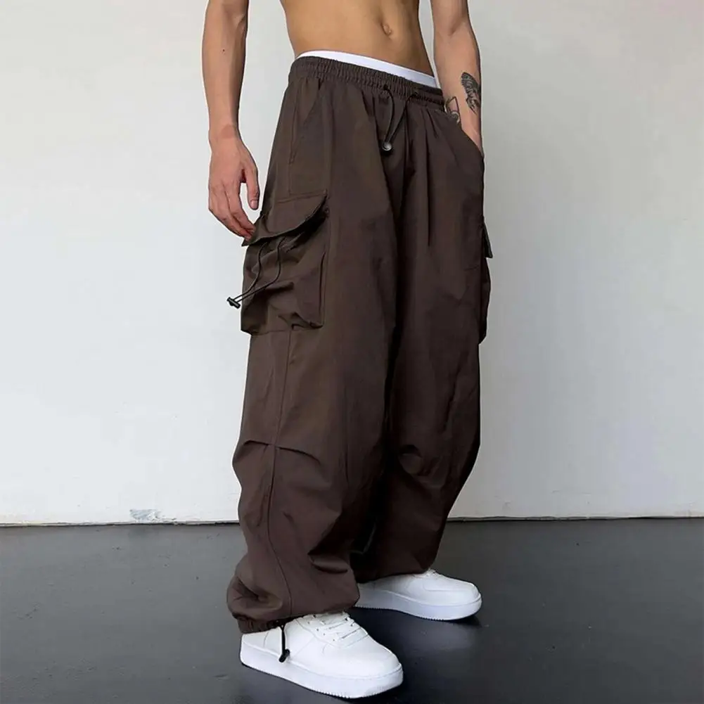 Elastic Waistband Pants Solid Color Trousers Oversized Multi Pocket Cargo Pants for Men with Elastic High Waist Crotch Soft