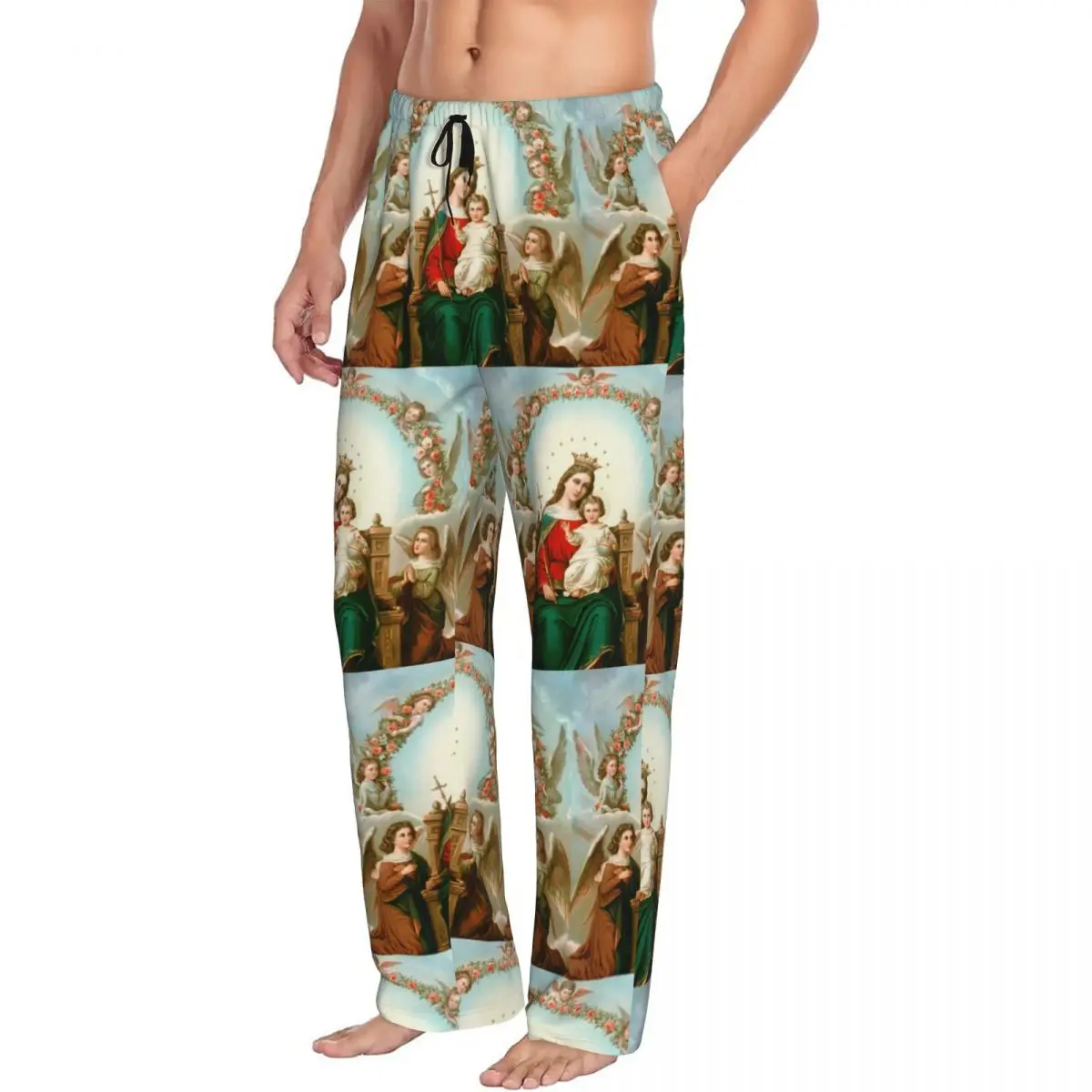 Custom Men Virgin Mary Pajama Pants Print Catholic Christian Sleep Sleepwear Bottoms with Pockets