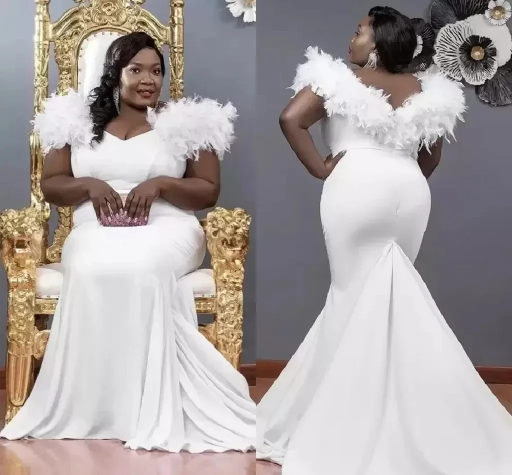 Suknie ślubne syreny plus size z falbanami, seksowny dekolt w serek, krótkie rękawy, długie suknie ślubne, suknia wieczorowa 2023