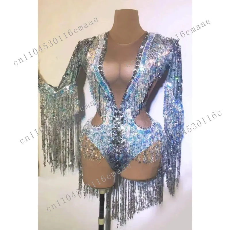 Diamond Bodysuit Top Fringe Sleeve Tassel Blue and White Sequin Fringe Bodysuit Leggings for Women