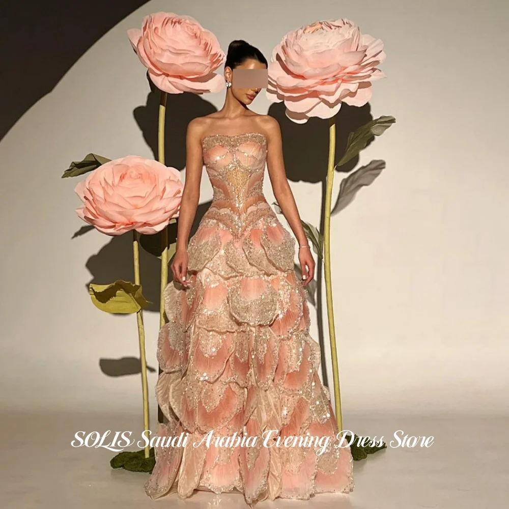 SOLIS Luxury Blush Pink Strapless Evening Dress Petal Ruffle Beaded Crystal Prom Gown Long Tiered Wedding Party Dress Customized